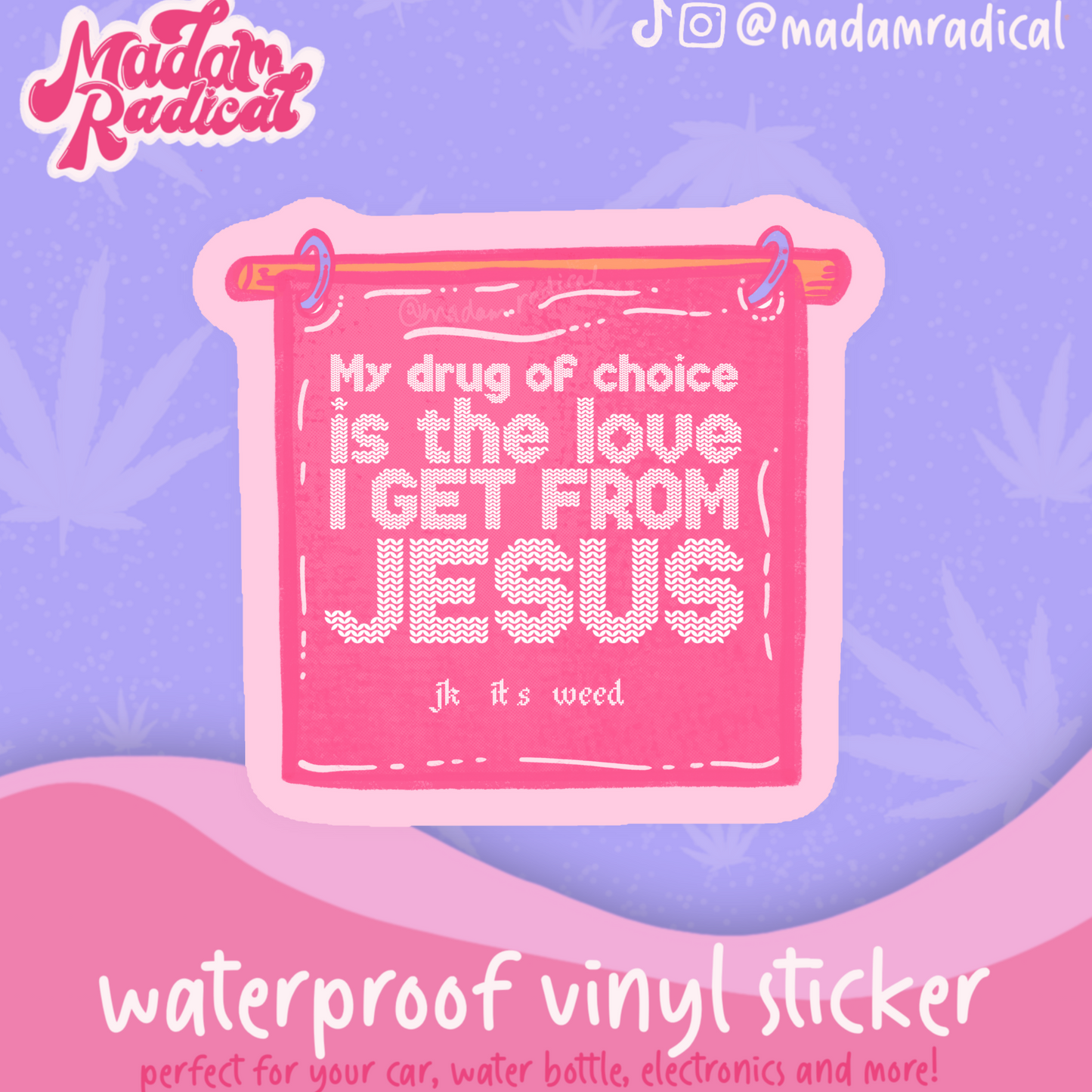 Cross Stitch Anti Religious Trauma Stoner Satire Novelty Waterproof Vinyl Sticker DTF