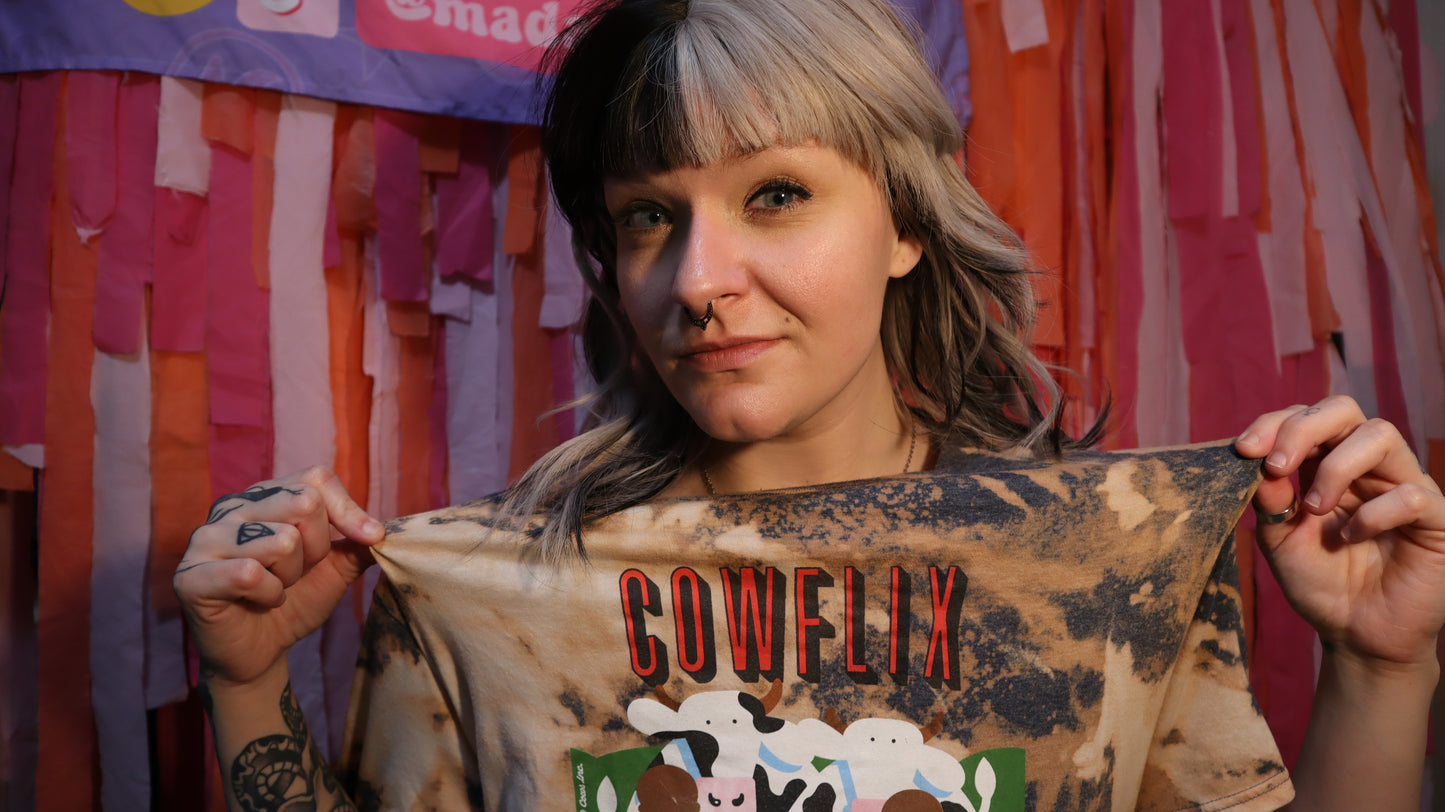 Cowflix Whistler Bleached Upcycled Cows Moo Print Tshirt