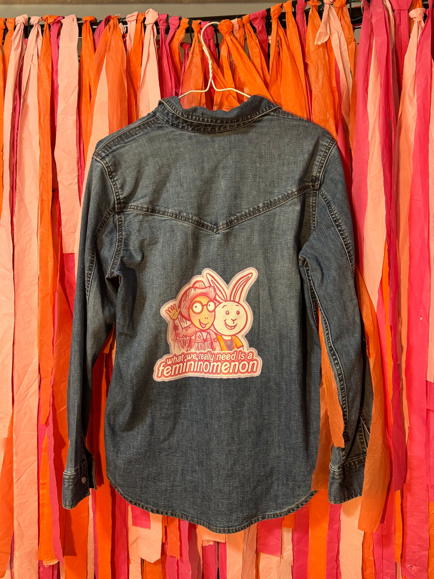 Chappell Roan Denim Long Sleeve Shirt Femininomenon Pink Pony Club Arthur DTF Print Upcycled Canada