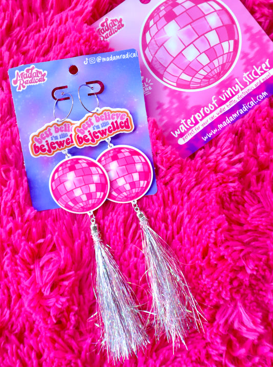 Taylor Swift Inspired 3-Piece 'Best Believe I'm Still Bejeweled' Earrings | Pink Disco Ball & Tinsel Tassel | Acrylic Print | 40mm Charms