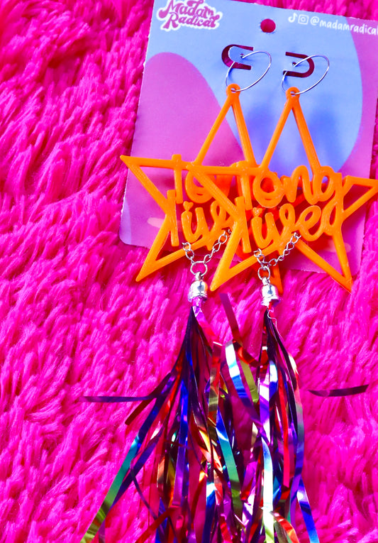 Taylor Swift Inspired Funky Orange 'Long Live' Star Earrings | 3D Printed | Rainbow Metallic Chains