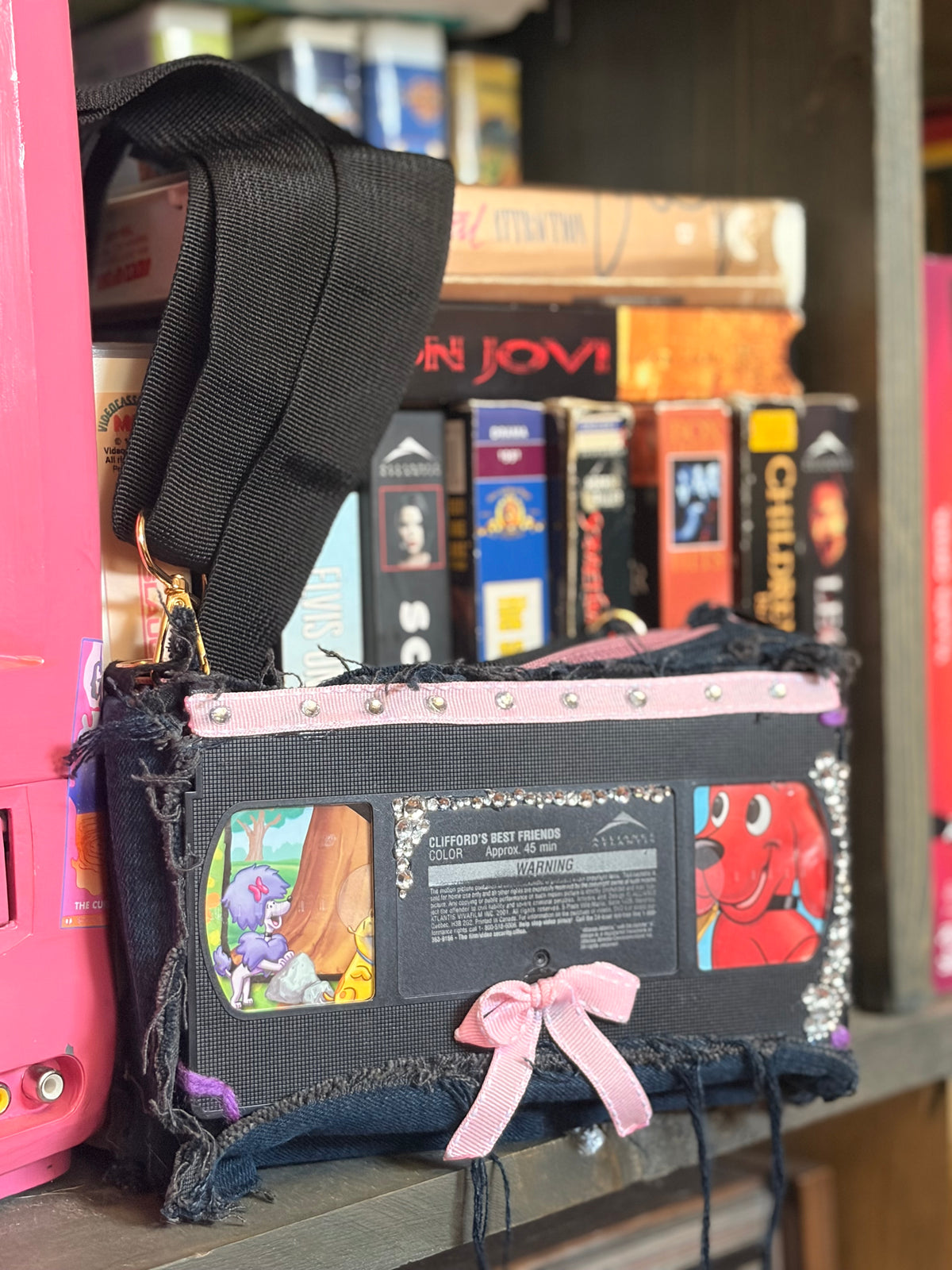 VHS Tape Upcycled Purse Clifford Bedazzled with Adjustable Black Strap