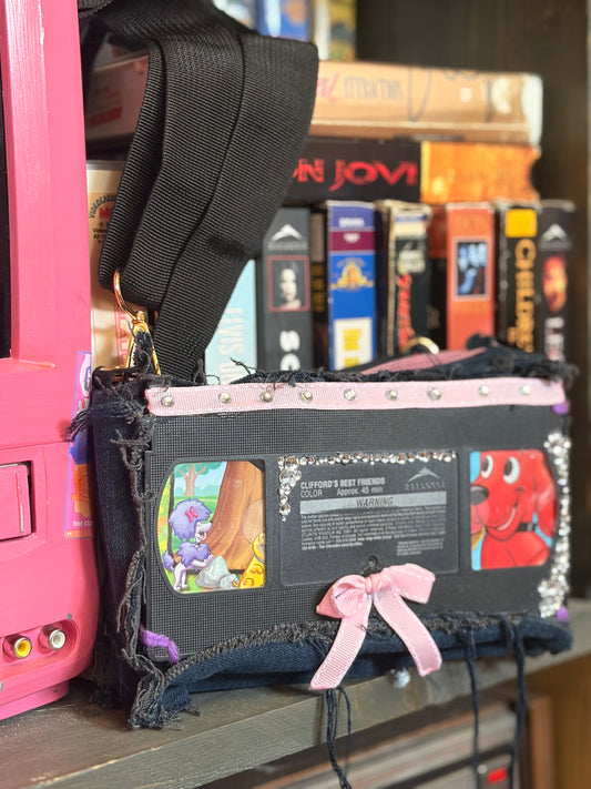 VHS Tape Upcycled Purse Clifford Bedazzled with Adjustable Black Strap