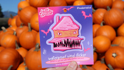 Durable Waterproof UV Resistant Monster Scary House Pink & Orange Vinyl Sticker