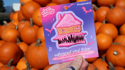 Durable Waterproof UV Resistant Monster Scary House Pink & Orange Vinyl Sticker