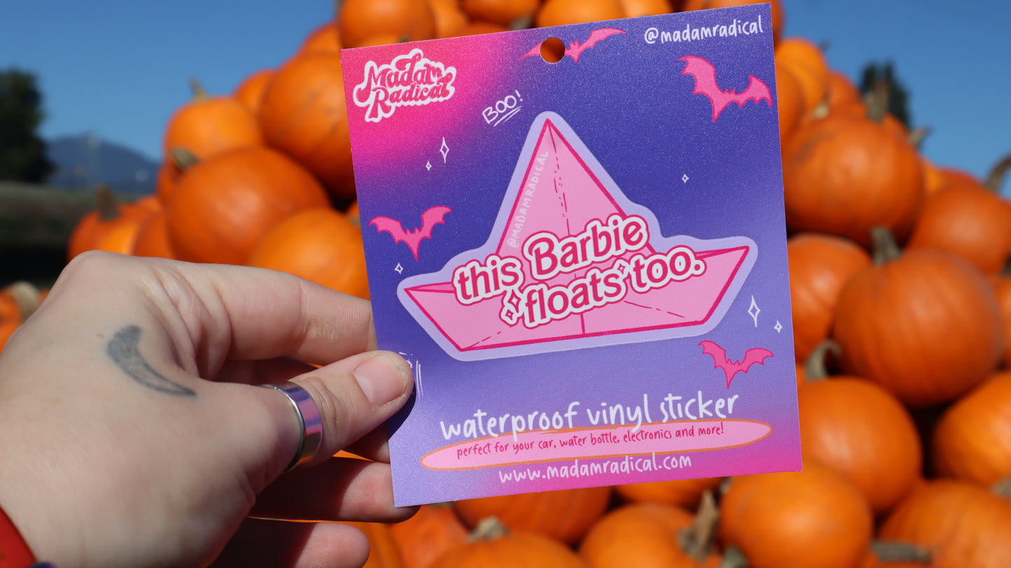 Durable Waterproof UV Resistant Pink Origami 'This Barbie Floats Too' Sticker