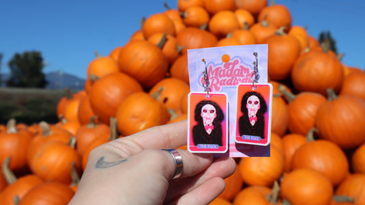 Unique UV-Printed Acrylic Tarot Earrings with Scary Clown Man from Saw