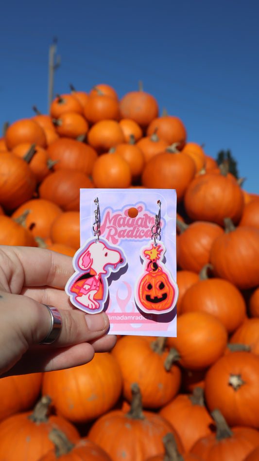 Festive UV Printed Acrylic Earrings: dog and bird friend in Halloween Costumes